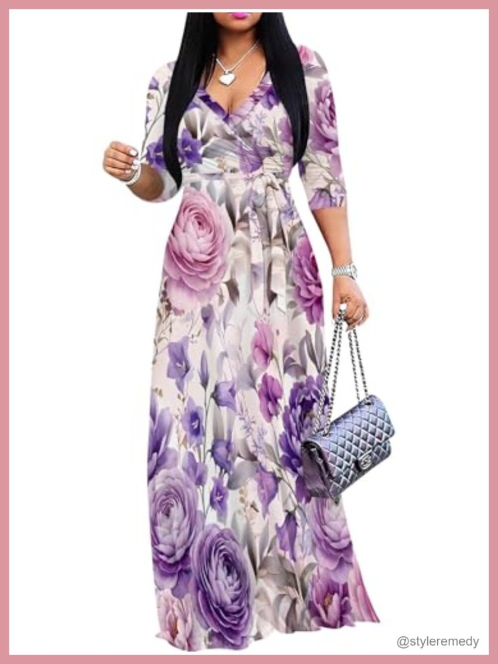 Plus Size Floral Maxi Dress 3/4 Sleeve A-Line Belted Semi Formal